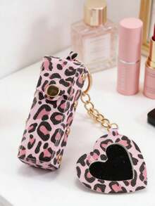 Leopard Print Lipstick Keychain, Portable Heart-Shaped Makeup Mirror Lipstick Pendant. Fashion Y2K Style. Suitable For Students, Office, Party, Travel, Gift - Multicolor - View 7