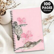 1 Spiral Bound Notebook, Printed With Watercolor Turtle And Hibiscus Flower Pattern, Pink Floral Ocean Style, A5 Lined Pages; Ideal For School/Office Supplies, Also A Great Gift For Marine Life Enthusiasts. - Ocean Series - View 4