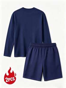 Men's Summer Crew Neck Casual Long Sleeve T-Shirt And Casual Shorts Loungewear Set - Navy Blue - View 7