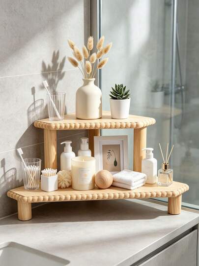Rural Style Corner Stand Suitable For Kitchen Countertops, Wooden Beaded Farmhouse Countertop Storage Racks, Stackable Bathroom Vanity And Coffee Bar Decorative Riser Brackets