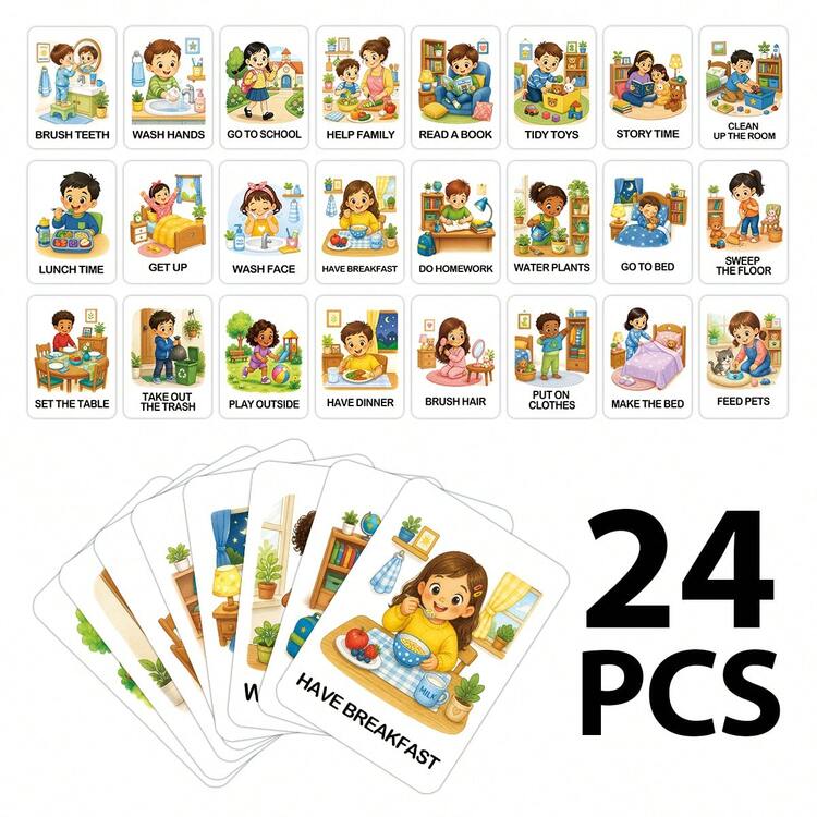 24Pcs Daily Routine Flashcards - Visual Schedule Cards & Life Skills Learning Tools. Illustrations Of Chores, Hygiene & Self-Care Activities, Learning Aid To Build Good Habits, Independence & Responsibility, Great Homeschool Supplies. - A - View 5