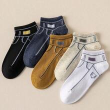 5 Pairs Random Casual Socks, Japanese Style Personalized Denim Pattern Short Socks, Men's Cotton Low-Cut Boat Socks, Versatile Casual Socks - Multicolor - View 5