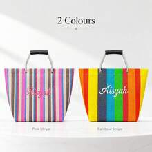 (Custom) Personalized Embroidered Minimalist Striped Canvas Tote Bag, Original Niche Versatile Commuter Large Capacity Handbag Shoulder Bag For Students - Multicolor - View 4