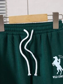 男童幼兒秋冬美式棒球風兩件套，深綠色拼接落肩袖夾克 + 工裝口袋運動長褲 - 墨綠色 - 查看 8