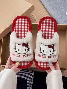 MAOLI Hello Kitty 開趾毛絨室內拖鞋，四季穿著，貓臉設計，優雅舒適吸汗透氣時尚百搭女款居家拖鞋，適合室內臥室大學宿舍，女款平底涼拖，趣味拖鞋 - 紅色的 - 查看 4