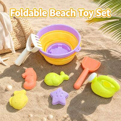 Kit portátil de 8 piezas de juguetes de playa para niños, cubo plegable con pala y moldes, juguete de arena para exteriores de verano y patio trasero, regalo ideal para vacaciones de verano y todas las festividades