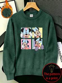 Disney Women's Casual Faux Knit Top, Soft And Comfortable Fabric, Minnie Mouse Expression Print, Suitable For Autumn/Winter Wear - Dark Green - View 1