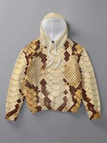 Plus Size Men's Snake Print Hooded Sweatshirt, American Vintage Snake Skin Pattern Loose Drop Shoulder Hoodie, Streetwear All-Over Snake Print Pocket Sweatshirt - Multicolor - View 4