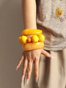 3pcs Summer Lemon Resin Bracelet Set, Stackable Cute Fashion Fruit Bracelets, Suitable For Beach Vacation And Party Wear - Orange - View 1