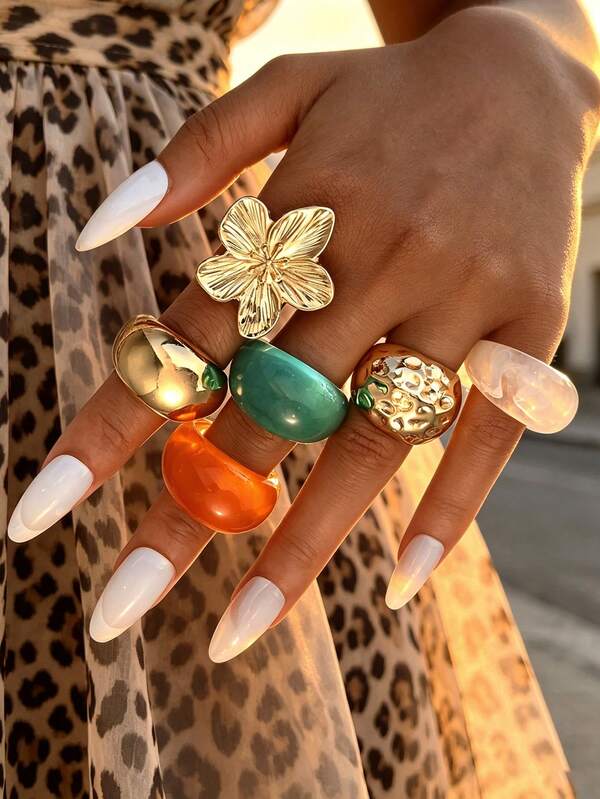 6pcs Bohemian Style Multi-Layered Stackable Fashion Minimalist Elegant Exquisite Vintage Design Geometric Floral Irregular Texture Colorful Resin Tie-Dye Pattern Glossy Minimalist Plain Metal-Style Exaggerated Wide Chunky Rings Set, Holiday Vacation Party Date Gift, Daily Commute Wear