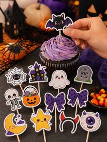 12pcs Halloween Icon Cake Toppers, Bat Ghost Spider Web Cupcake Picks, Birthday Dessert Decoration - View 3