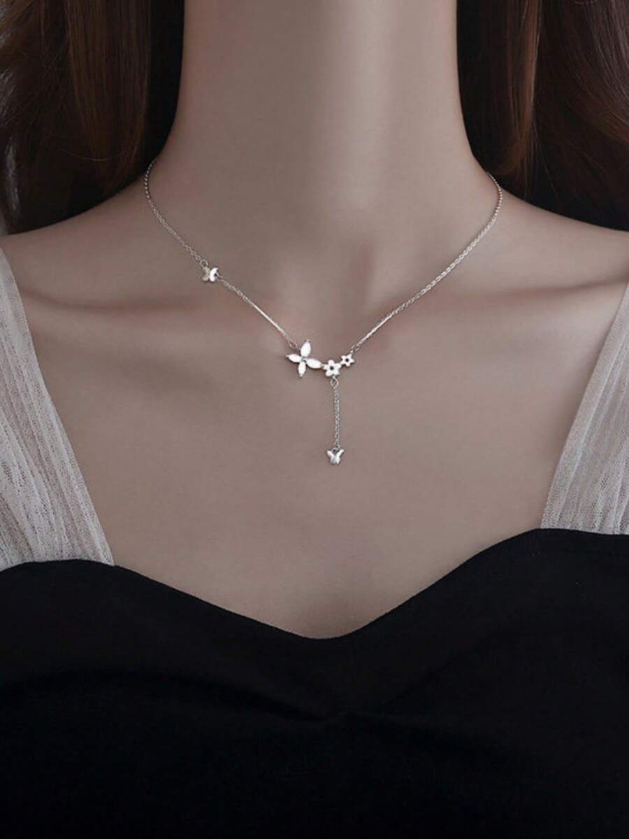 1pc Sweet Luxury Tassel Butterfly Flower Necklace Suitable For Women's Daily, Festival And Party Wear