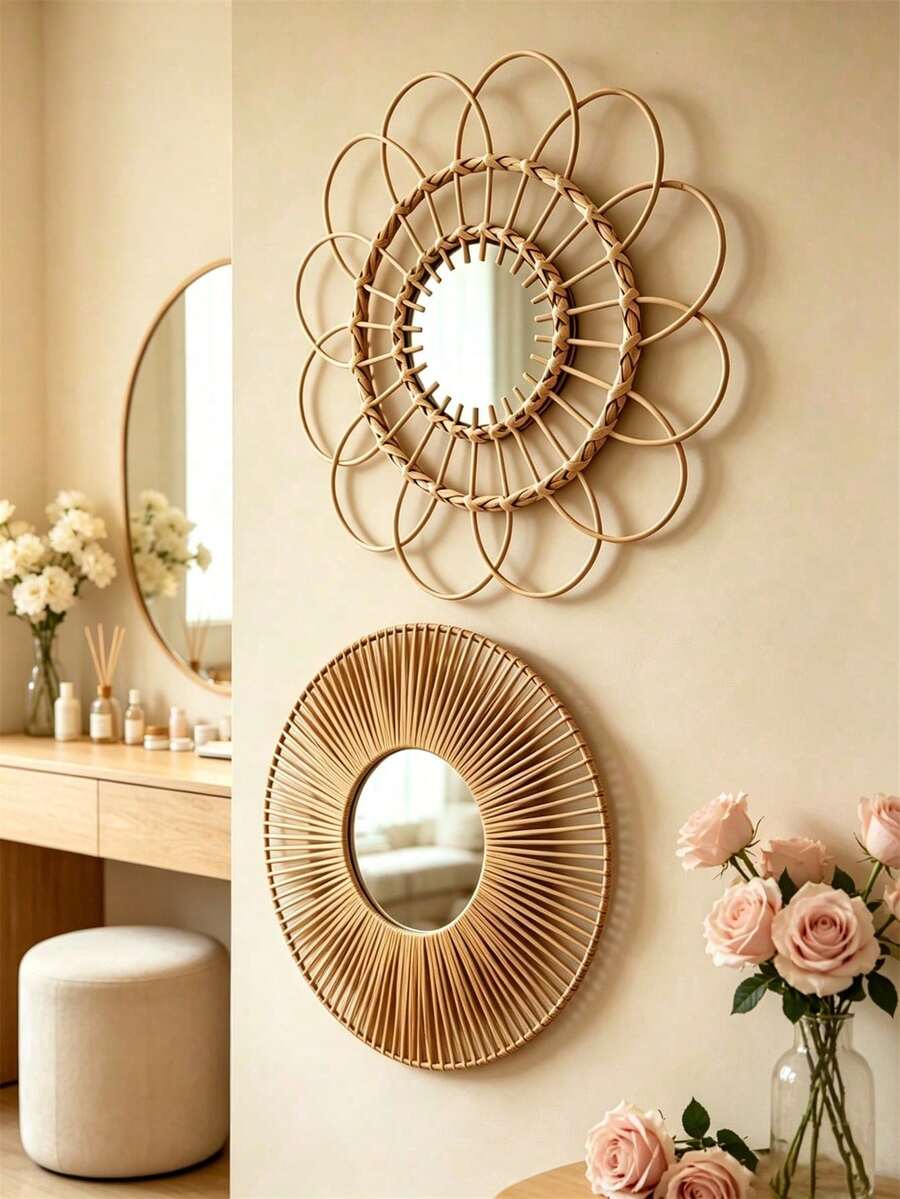 1Pc/2pcs Boho Handwoven Rattan Sunflower Round Wall Mirror,Rattan Woven Bamboo Glass Wall Mirror,Easy Install All Season,Floral Rattan Bathroom Vanity Mirror,Perfect Birthday Christmas & Mother's Day Gift-For Home Decor,Bedroom Decor,Wall Decor - Multicolor - View 1
