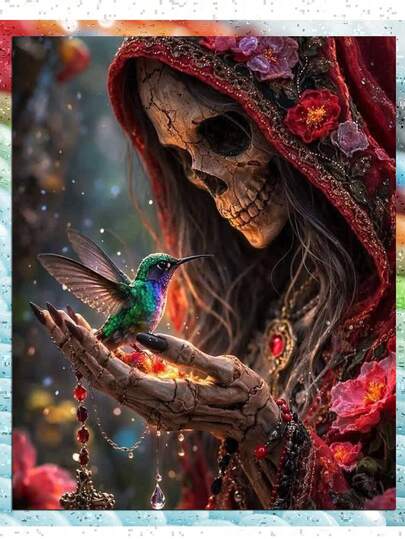 Gothic Skull Hummingbird 5D Diamond Painting Kit For Adults, Red Floral Skeleton Hand Full Drill DIY Round Gem Art Diamond Art Kits Painting Crafts Ideal For Beginners And Hallowen Wall Decor Gift