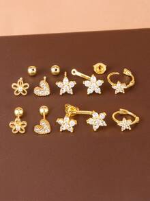 8pcs/Set Fashion Stainless Steel Flower & Heart Shaped Stud Earrings, Women's Elegant Star Hoop Earrings, Pierced Ear Jewelry - Gold-8pcs - View 3