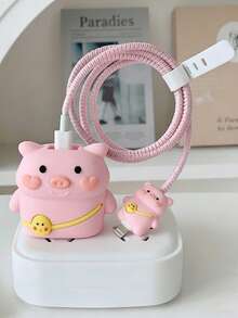 4pcs Cute Cartoon Backpack Pink Pig Charging Cable Protective Cover, Anti-Crack Anti-Fray Charger Cord Decor Sleeve, Compatible With IPhone 20W Fast Charging Adapter - Pink - View 1