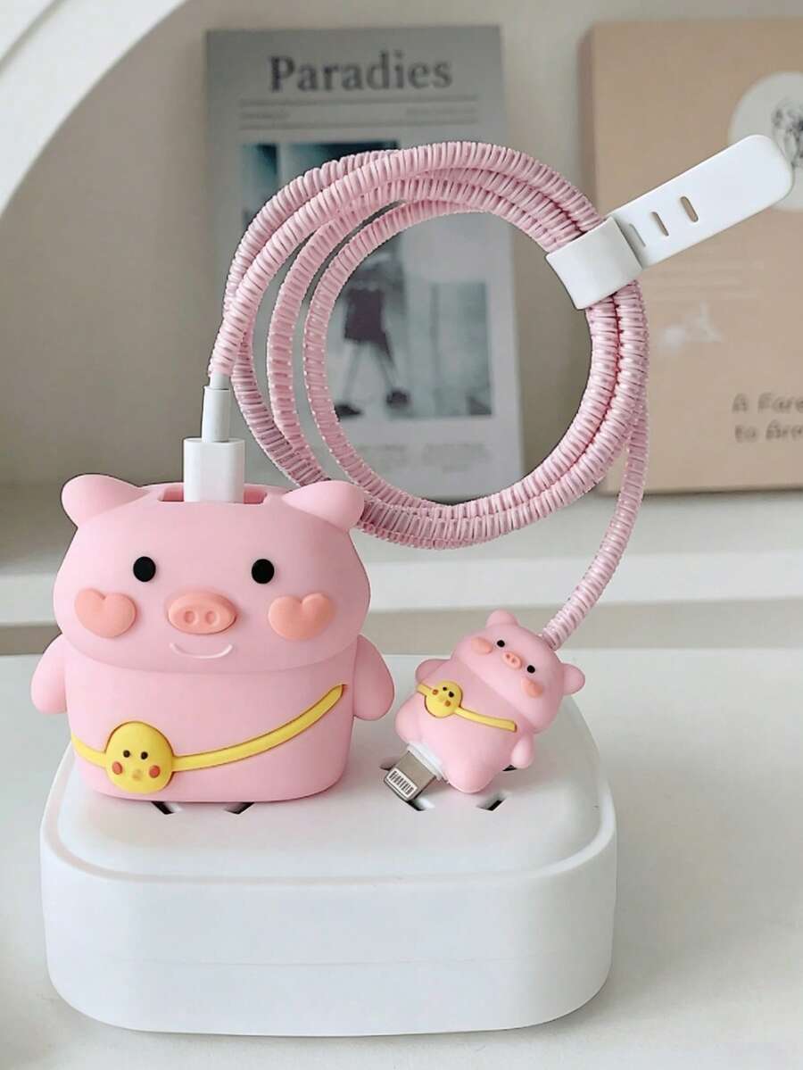 4pcs Cute Cartoon Backpack Pink Pig Charging Cable Protective Cover, Anti-Crack Anti-Fray Charger Cord Decor Sleeve, Compatible With IPhone 20W Fast Charging Adapter - Pink - View 1