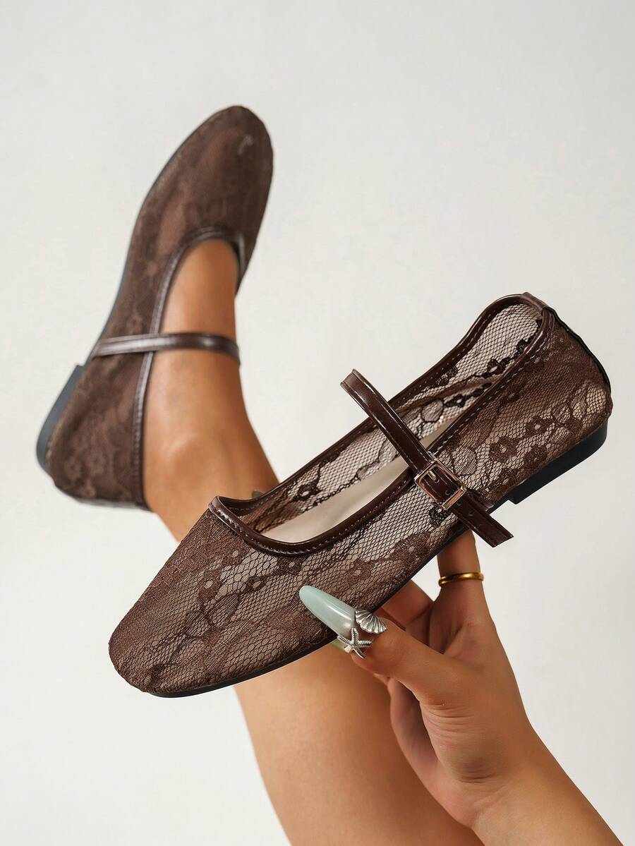 Summer New Ballet Style Flat Shoes For Women, Lace Mesh Buckle Design, Suitable For Daily Wear And Commuting - Brown - View 1