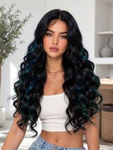 13*5*1 T-Part Lace Front Hair Wigs Black Highlights Green Long Curly Mid Split Wigs , Half Wig Natural Synthetic Heat Resistant Wigs For Women Daily Party Use Natural Looking, Halloween Christmas Gifts, Gifts For Girlfriends - Green Highlight - View 2