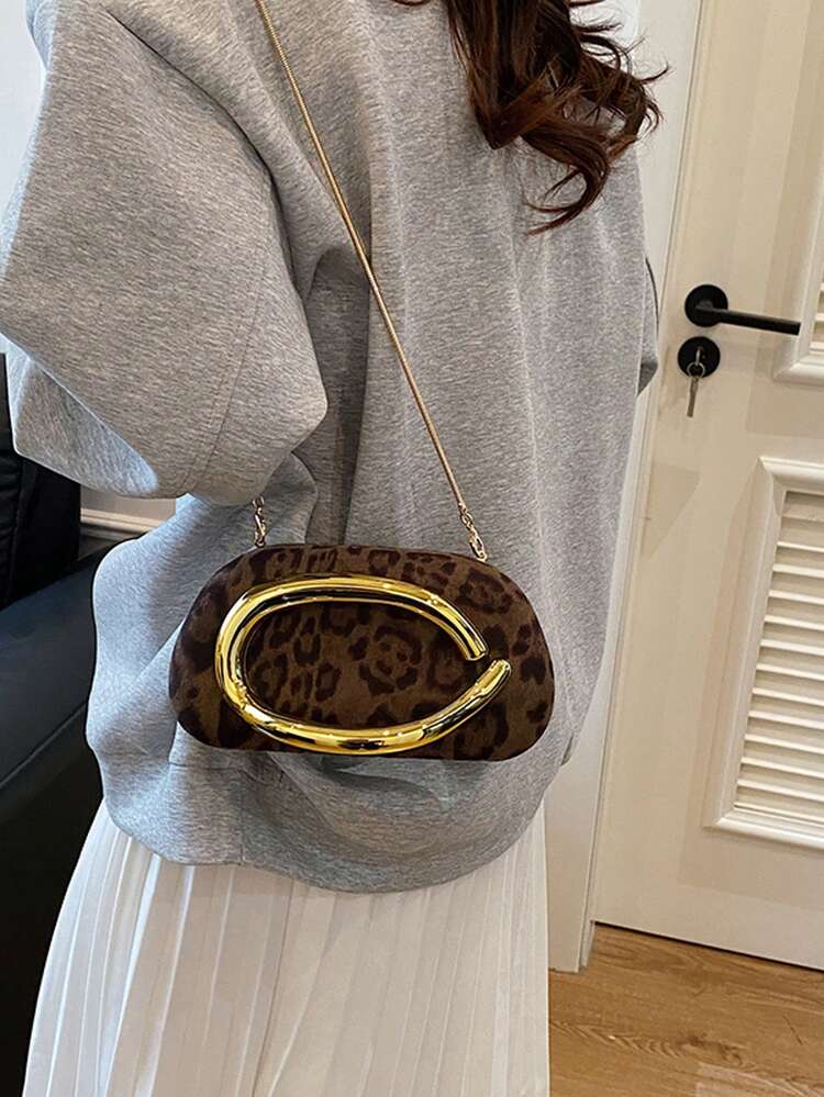 Women's Leopard Print Oval Evening Clutch Bag, Curved C-Shaped Gold Buckle Front Decor, Vintage Y2K Style Handbag, Suitable For Nightclub Date Night, Autumn Vacation Party - Green - View 2