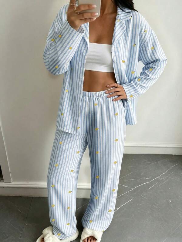 Nina Bonheur 2pcs/Set Women's Loose Comfortable Breathable Long Sleeve Top + Pants Cute Pajama Set