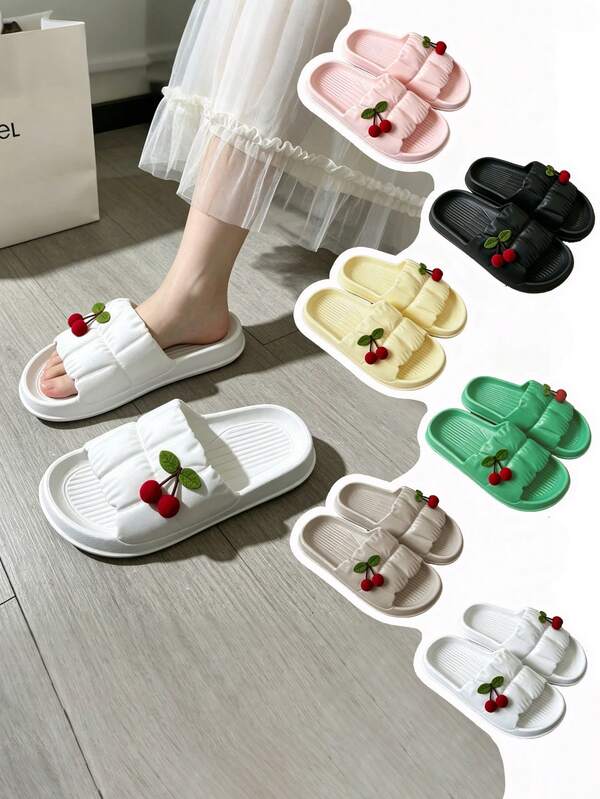 Women's Cute Open Toe Slip-On Sandals, 3D Cherry Decor, Plush Ruffle EVA Soft Sole Slippers, Lightweight Comfortable Non-Slip, Suitable For Indoor Bedroom Bathroom, Outdoor Beach Vacation Summer Wear