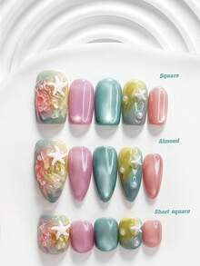 10片裝清新海洋風手工穿戴甲，Polygel美甲套組，海星設計，粉藍色系，海島度假風，含美甲工具，3種尺寸可選，方型、短方型、杏仁型，適合派對、舞蹈、日常配戴 - 彩色 - 查看 1