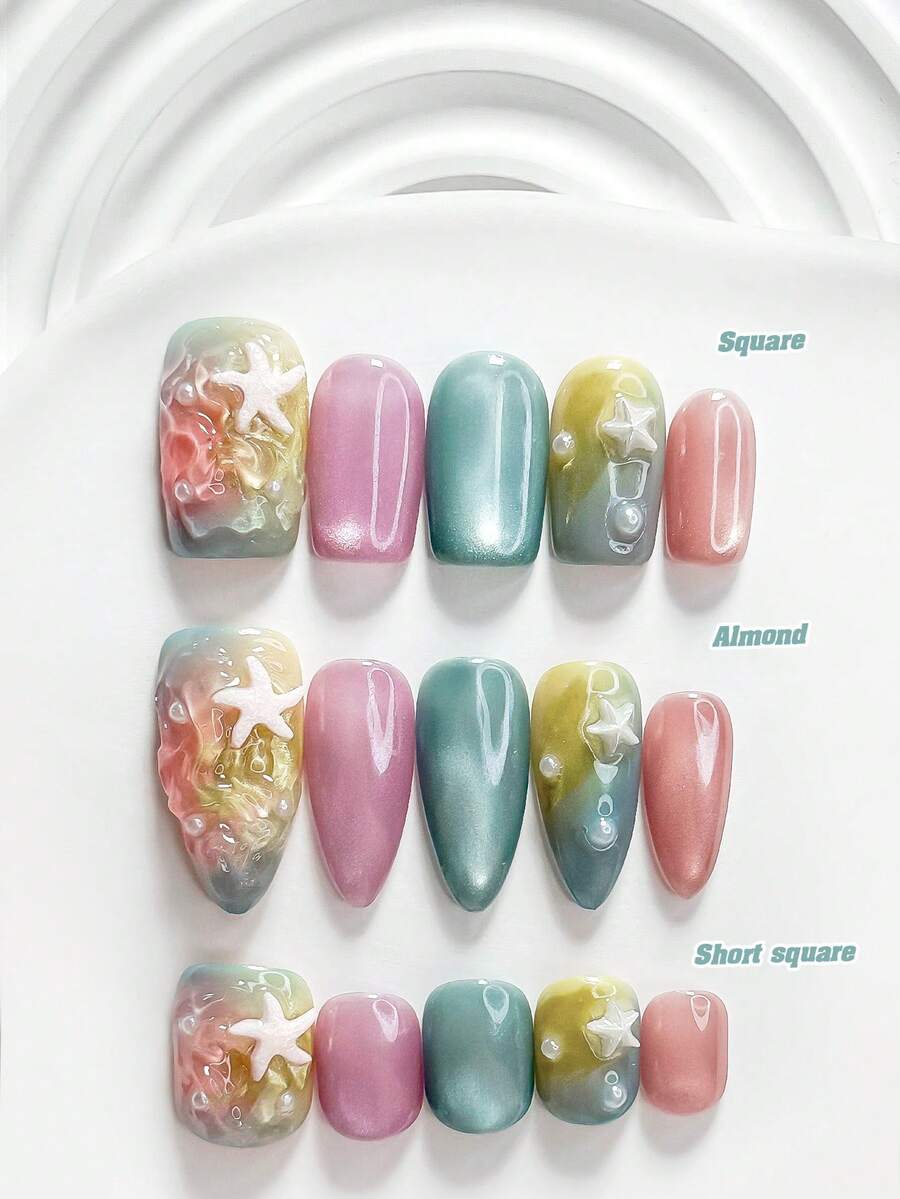 10片裝清新海洋風手工穿戴甲，Polygel美甲套組，海星設計，粉藍色系，海島度假風，含美甲工具，3種尺寸可選，方型、短方型、杏仁型，適合派對、舞蹈、日常配戴 - 彩色 - 查看 1