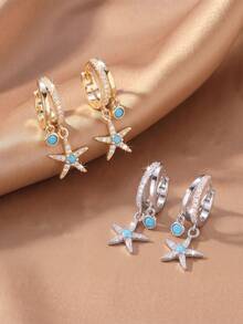1 Pair Fresh Blue Turquoise Full Rhinestone Starfish Double Pendant Thin Hoop Earrings Suitable For Women Beach Vacation Wear - Starfish - View 4