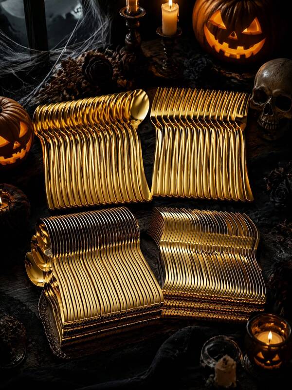 50er Set Goldfarbenes Kunststoff-Besteck, verdicktes Küchen-/Party-Utensilien-Set, goldene Gabeln und Löffel, geeignet für Essen, Party, Abendessen und Hochzeit