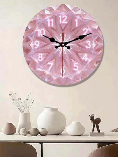 2D Flat. 1pc. Pink Diamond Theme Wooden Wall Clock, Silent Decorative Clock, Creative Wall Clock, Suitable For Bedroom, Living Room, Office Decoration, 10/12Inches, AA Batteries Not Included, 2D Flat
