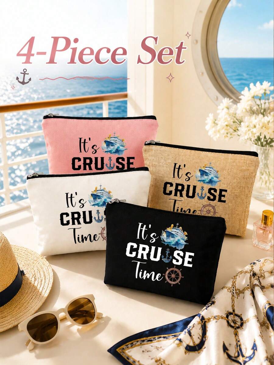 4pcs Cruise Theme Travel Makeup Gift Bag Set, Cosmetic Bag, Toiletry Bag, Makeup Zipper Pouch, Women's Makeup Brush Storage Bag - Multicolor - View 1