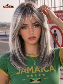 Topshe Ava WIGS 18英吋黑棕色長層次瀏海假髮，柔軟易打理合成纖維髮，適合女性日常配戴、上班、度假，亦適合作為萬聖節、聖誕節女性禮物 - 灰色 - 查看 1