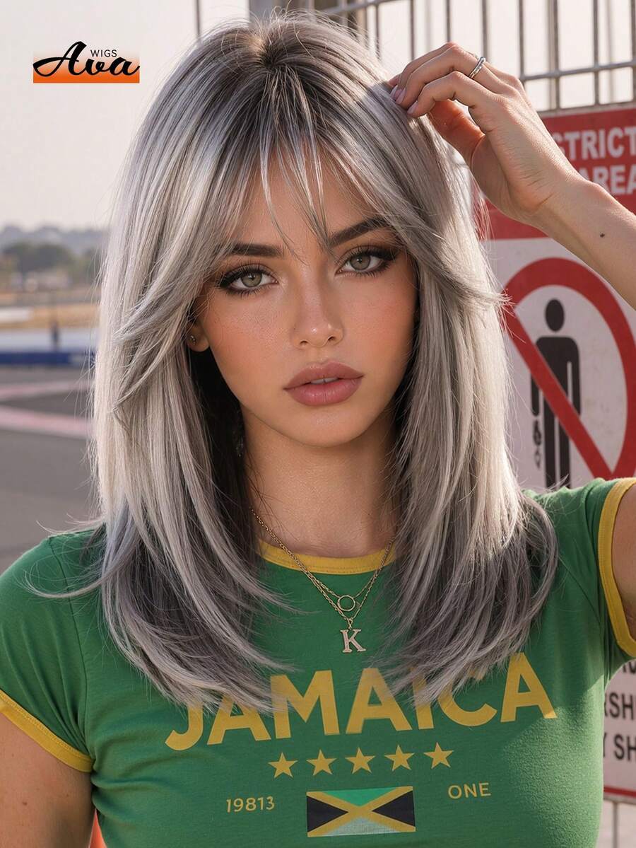 Topshe Ava WIGS 18英吋黑棕色長層次瀏海假髮,柔軟易打理合成纖維髮,適合女性日常配戴、上班、度假,亦適合作為萬聖節、聖誕節女性禮物 - 灰色 - 查看 1