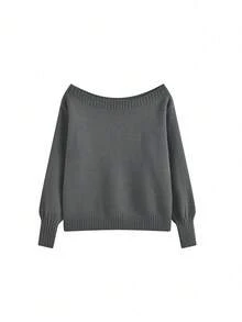 American Vintage Off-Shoulder Long Sleeve Knit Sweater, Loose Slouchy Casual Versatile Off-Shoulder Top For Women, Autumn/Winter - Dark Grey - View 5