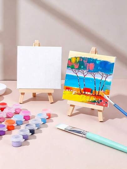 Blank Mini Canvas Painting Board With Easel Set, Square Cotton Blend Stretched Canvas Board, Small Blank Art Canvas, Suitable For Acrylic Oil Painting Watercolor DIY Painting, Art Craft Desktop Display Set (Subject To Actual Product Received)