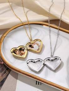 Custom Photo Heart-Shaped Stainless Steel Necklace Personalized Vintage Oval Heart Locket Can Hold 2 Photos Memorial Pendant Gift For Her Suitable For Mother's Day, Valentine's Day, Christmas, Birthday, Anniversary, Wedding, Thanksgiving, Best Friend Gift, Daily Wear Delicate Thin Chain Necklace, Women's Fashion Memorial Jewelry - Multicolor-style 1 - View 9