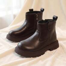 1 Pair 2026 New Children's Minimalist Solid Color Ankle Boots, Side Zipper Thick Sole Design, Retro Versatile Style, Suitable For Daily Wear And School Outfits - Brown - View 3