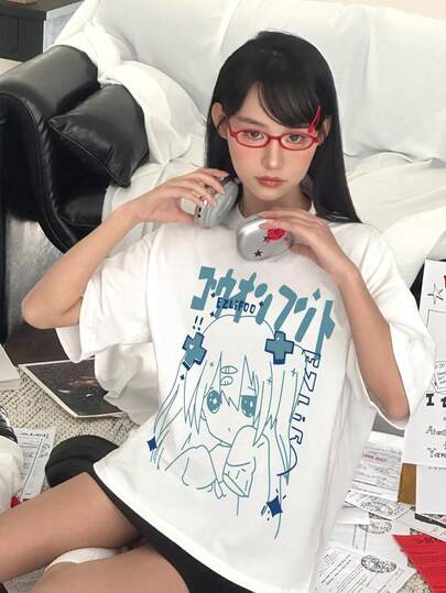 新款夏季 Z 世代 Y2K 風格女款趣味設計動漫女孩印花圓領短袖 T 恤休閒白色