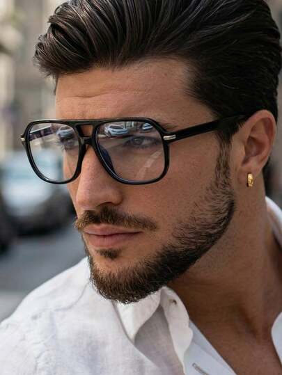 1 Pair Men's Black Square Frame Casual Glasses, TR Material, Double Bridge Design, Solid Color Minimalist Style