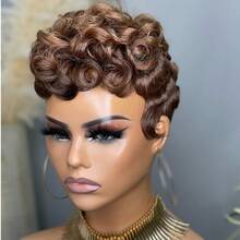 Tóc giả Pixie ngắn thẳng rẽ ngôi bên tỉa layer 6 inch, không cần keo, đeo nhanh trong 5 giây, phù hợp cho người mới bắt đầu, mật độ 180%, tóc thật làm máy hoàn toàn, có mái - SP27/613 - Xem 2