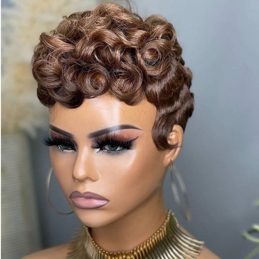 Tóc giả Pixie ngắn thẳng rẽ ngôi bên tỉa layer 6 inch, không cần keo, đeo nhanh trong 5 giây, phù hợp cho người mới bắt đầu, mật độ 180%, tóc thật làm máy hoàn toàn, có mái