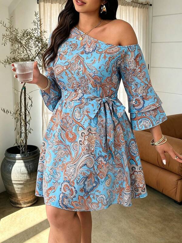 Plus Size Women's Spring/Summer Asymmetric Neckline Cold Shoulder Bohemian Floral Print Ruffle Sleeve Button Waist Tie A-Line Short Dress