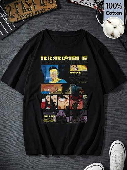 T-shirt nera in cotone a maniche corte da donna, stile retrò Y2K, stampa grafica con personaggi invincibili, capo estivo per fan dei fumetti, vestibilità regolare