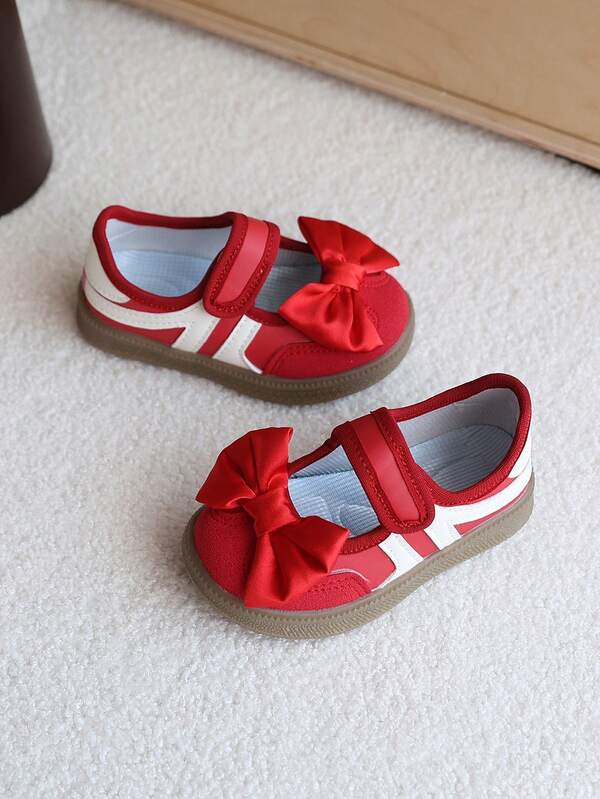 1 par de zapatos Mary Jane con lazo rojo para niñas, zapatos de bebé para caminar con suela suave antideslizante, zapatos planos de moda y duraderos