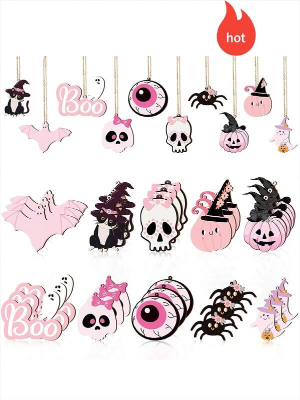 88 Peças/66 Peças/41 Peças/31 Peças/21 Peças/11 Peças Decorações de Madeira Penduradas para Halloween - Decoração de Halloween Rosa e Preta, Inclui Caveiras, Abóboras, Aranhas, Gatos, Olhos, Fantasmas e Cordas, Adequado para Decorações de Árvore e Suprimentos de Presentes para Festas
