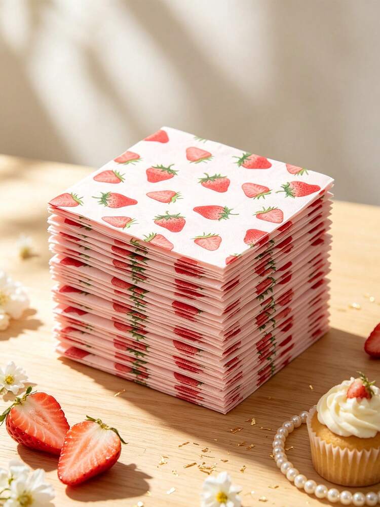 25pcs Strawberry Pattern Pink Disposable Paper Napkins, Suitable For Holiday Birthday Party Supplies, Christmas Theme - Multicolor - View 7