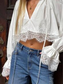 Women's Lace Trim Hem, Tie-Up Ruffle V-Neck Blouse, Spring/Autumn Commute Street Style Shirt - White - View 2