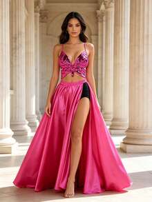 Sequin Butterfly Waist-Baring Cami Top With Glossy Slit Flare Skirt, Vacation Style Party Flowy Long Skirt Outfit Two Pieces (Multiple Colors Available) - Multicolor - View 17