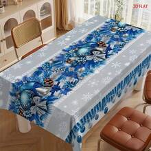 2D Flat-Print Polyester Christmas Tablecloth – Blue Design Featuring Christmas Balloons, Bells, And Bows With Winter Snowflakes – Perfect For Home, Parties, And Holiday Decor – An Ideal Festive Gift - Christmas Style E - View 2